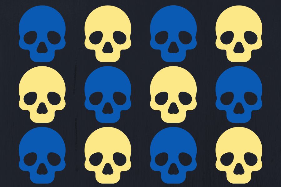 Graphic design of twelve skulls demonstrating the design concept of repetition