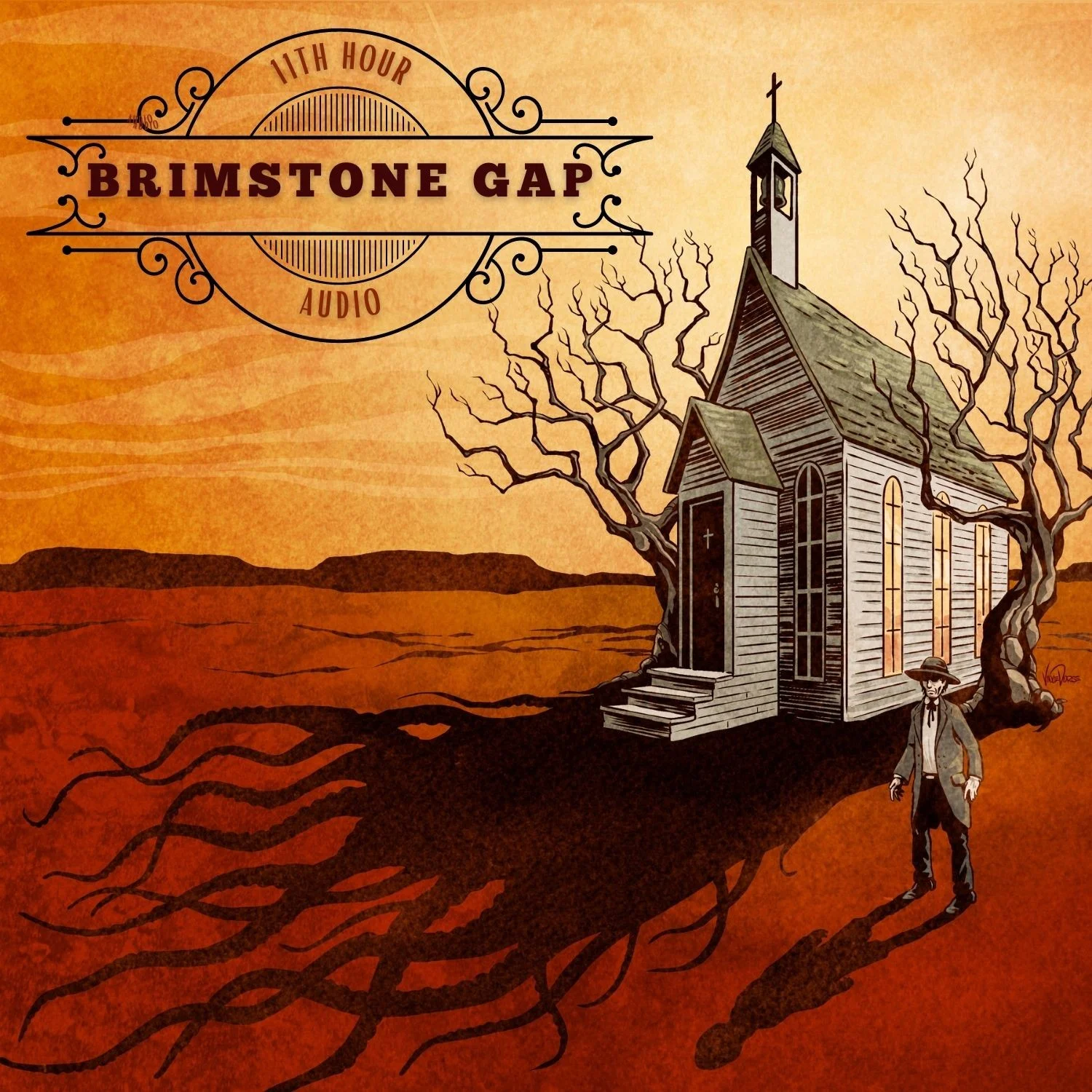 cover art for Brimstone Gap featuring a lone, old west church in a barren dessert landscape.